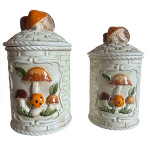2 Hi Mark Canisters Mushroom Ivory Weave Cottagecore Granny Farmhouse Boho Vtg